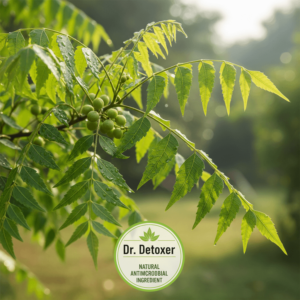 Fresh neem leaves on a branch — natural antimicrobial ingredient in Dr. Detoxer